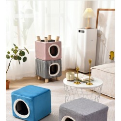 Cat House Square Cat Bed Stool with Solid Wood Legs, Multifunctional Pet House